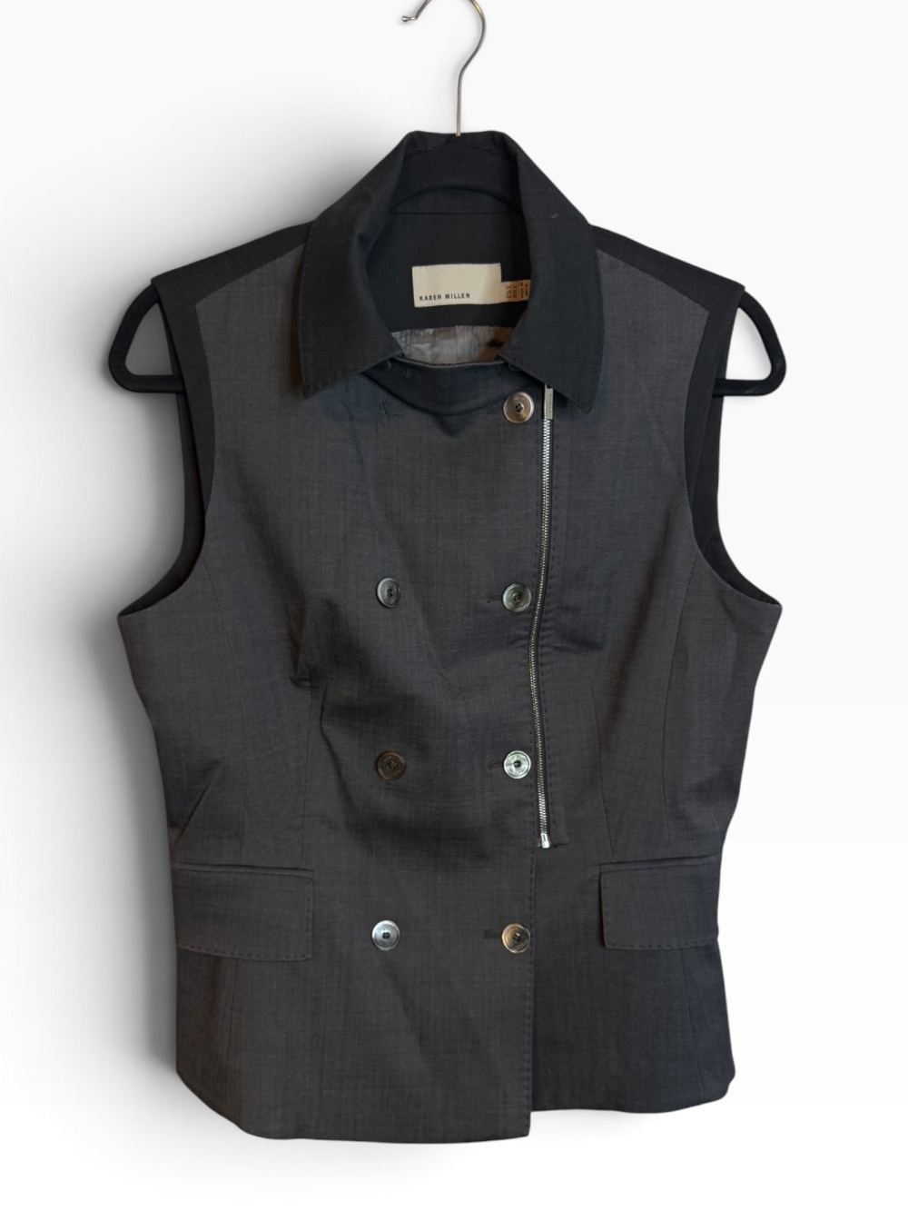 Karen Millen Gray and Black Structured Double Breasted Wool Zip Up Vest